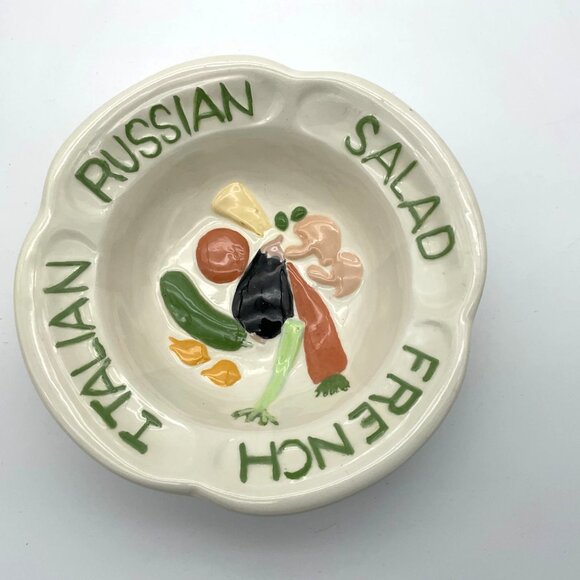 Set of Three Ceramic VTG 80s Salad Bowl Set Dressing Verbiage Colorful Veggies - Picture 2 of 4